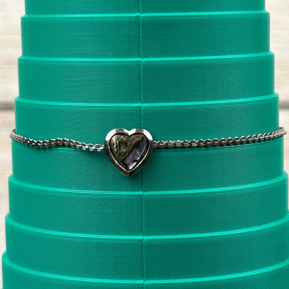 Silver Tone Heart Abalone Shell Inlay Dainty Twisted Chain Bracelet 7.25 Inch - Picture 2 of 6